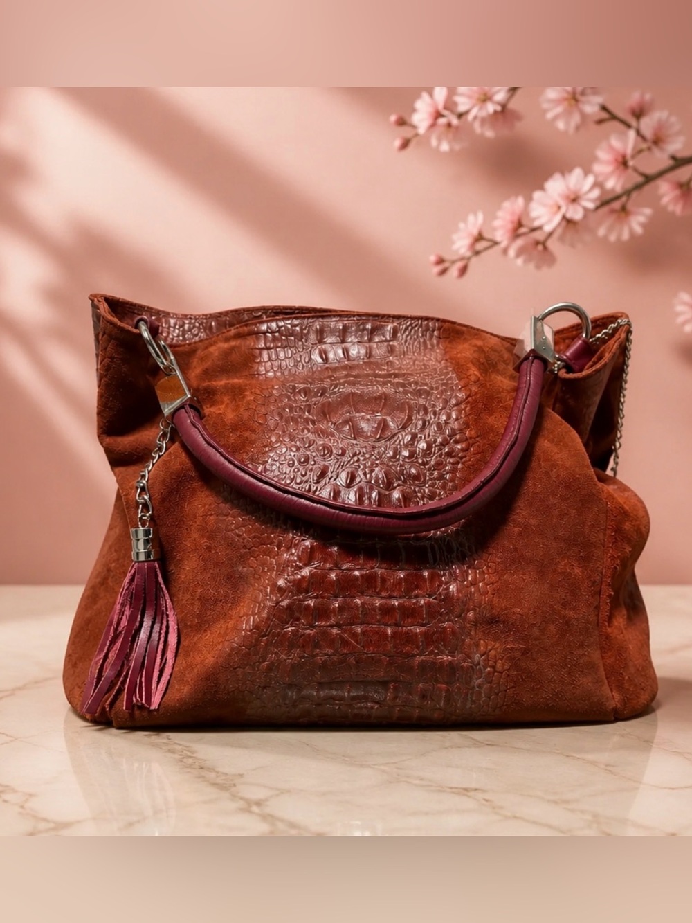 Rust Suede Shoulder Hobo with Plum Leather Trim